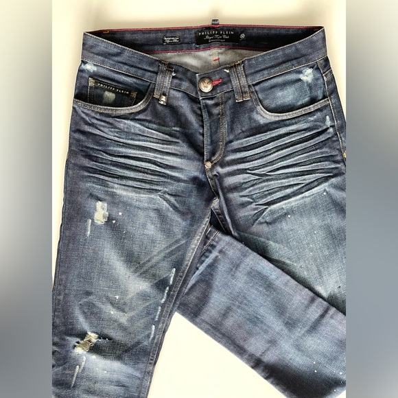 PHILIPP PLEIN- Straight Cut Jeans, Dark Blue, Distressed - Picture 4 of 5